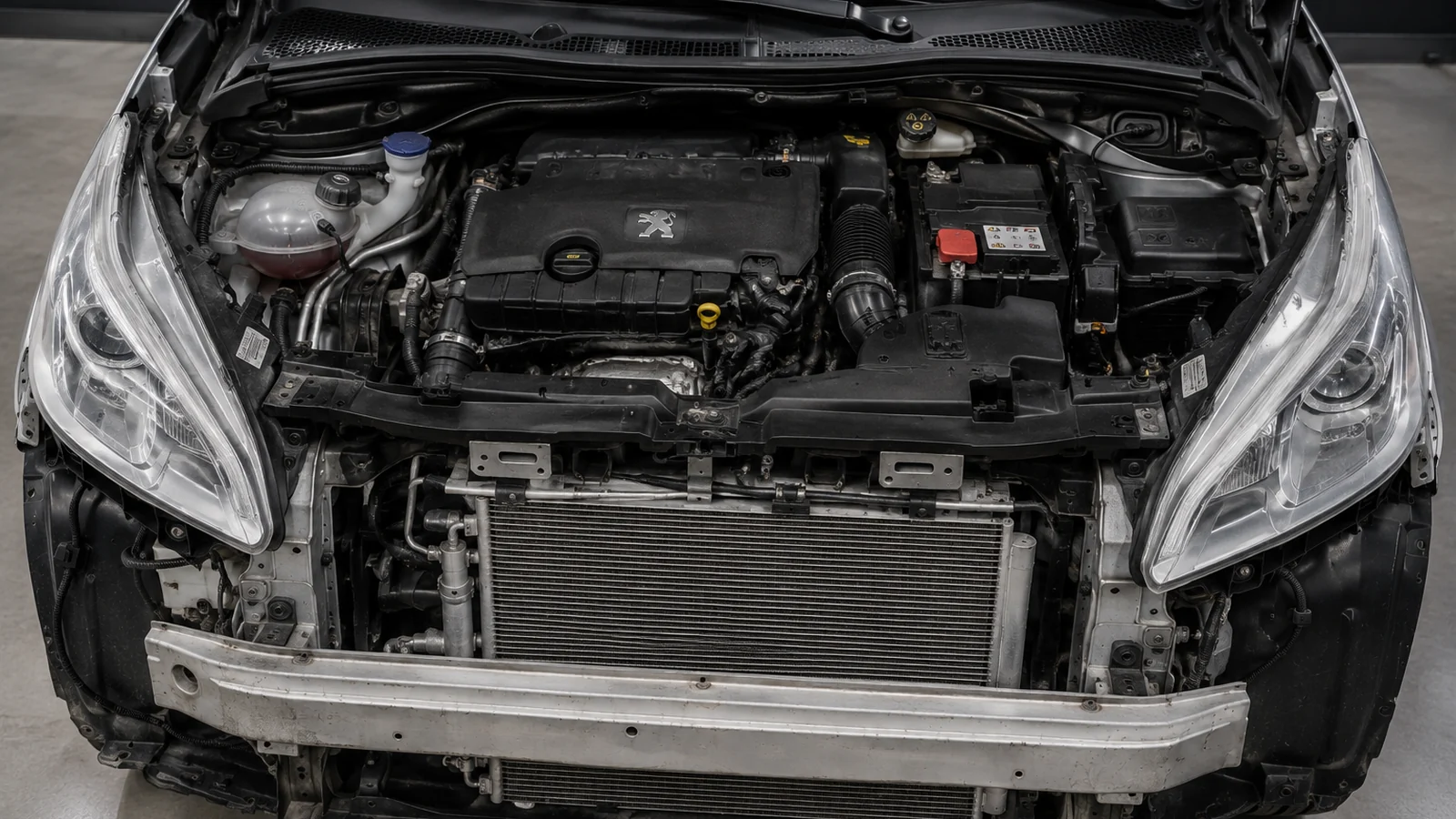 Conjunto frontal e sistema de ar-condicionado expostos em um Peugeot durante diagnóstico