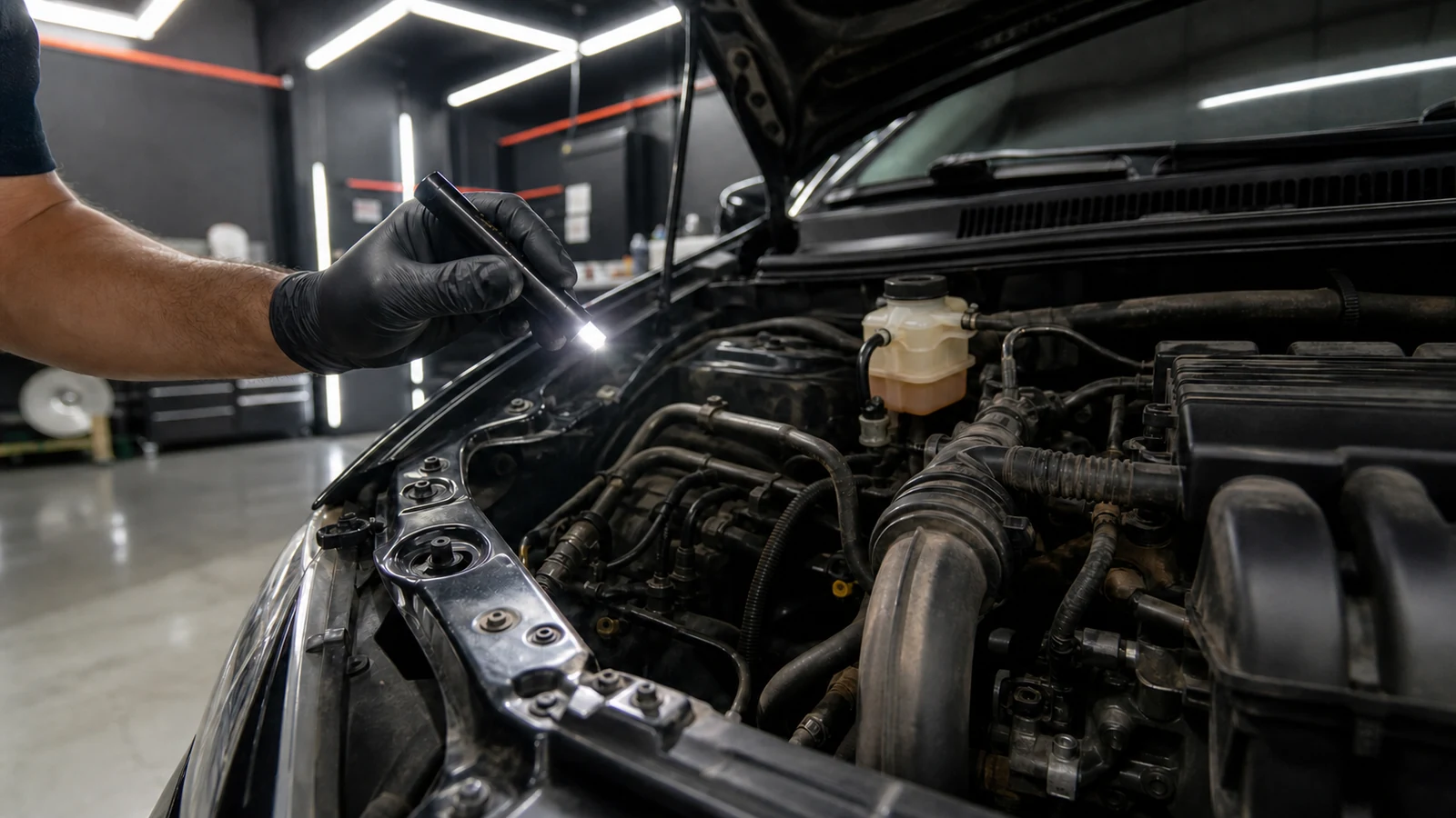 Reservatório de gasolina da partida a frio sendo inspecionado em um veículo flex